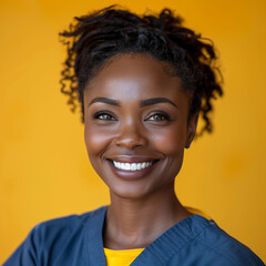 A black African american nurse woman with radiant smile on a yellow background