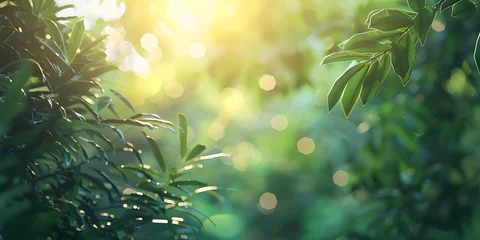 Foto op Aluminium Soft focus fresh green leaves and trees with sun ray,Beautiful nature view green leaf on blurred greenery background under sunlight with bokeh and copy space using as background  © muhammadjunaidkharal