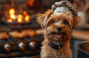 Yorkshire terrier sitting in front of stove wearing chef's hat