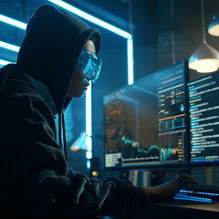 Hacker wearing hoodie and protective glasses hacking computer