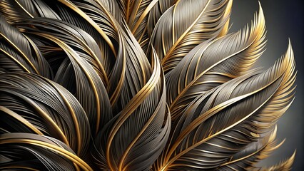 Black and Gold Feathers Background as Beautiful Abstract Wallpaper. Elegant and Luxurious Design with Feather Patterns.