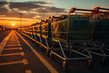Shopping carts are lined up in row in the parking lot of supermarket against the backdrop of the setting sun. - obrazy, fototapety, plakaty