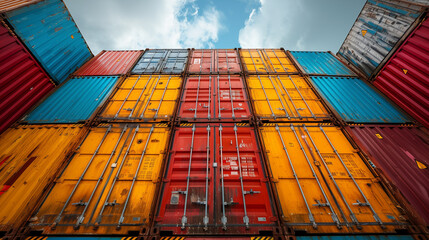 Fototapeta premium Cargo container stack with blue sky background, freight transportation concept.