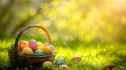 Easter - Painted Eggs In Basket On Grass In Sunny