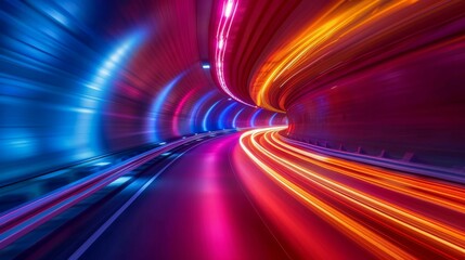 An electrifying long exposure shot capturing the essence of speed with red and blue light trails swirling through a city tunnel.