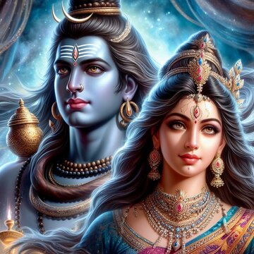 Realistic Close-Up of Lord Shiva and Goddess Parvati in a Magical Realm