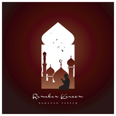 Ramadan Kareem vector illustration Islamic greeting design line mosque with Arabic pattern lantern and calligraphy