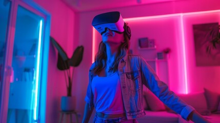 Woman with VR headset immersed in a virtual reality experience, standing in a neon-lit room.