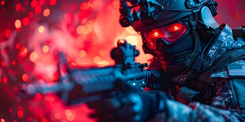 A cybernetic soldier in a hightech helmet and weapon stands ready under neon lights. Concept Sci-fi Character, Neon Lighting, Cybernetic Soldier, High-Tech Helmet, Futuristic Weapon