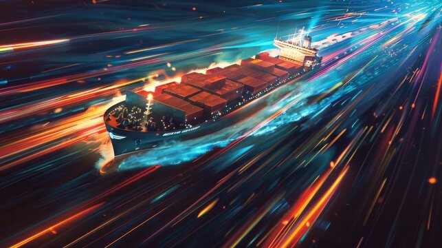 Futuristic depiction of a cargo ship in motion with vibrant light trails, symbolizing rapid global trade. © Moopingz