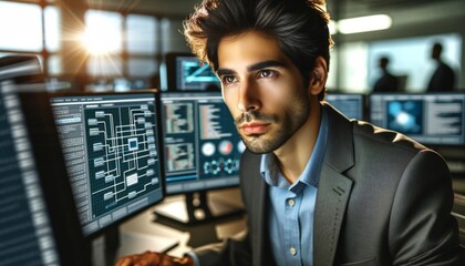Focused Analyst: A young man intently analyzes data on multiple computer screens, showcasing the intense concentration and dedication of a professional in a modern, high-tech environment. 
