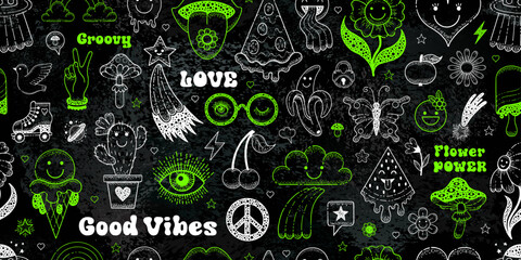 Seamless groovy y2k pattern with chalk smiley face. Green summer chalkboard background with heart flower liquid smiley. Vector psychedelic collage in cute retro style. Seamless background. Y2k pattern