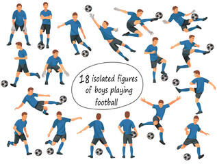 Teenage team figures of junior boy football players and goalkeepers in blue T-shirts in various poses jumping, running, catching the ball on a white background