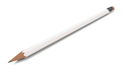 sharpened white new pencil with rubber eraser isolated with shadow