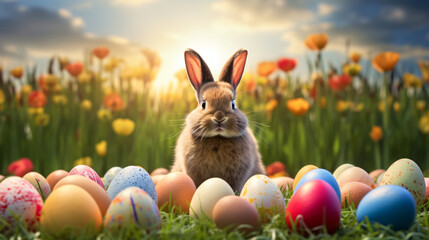 Fototapeta na wymiar Easter bunny on green grass with eggs.