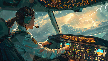A digital illustration of a female pilot confidently maneuvering a commercial airplane through stor Generative AI - obrazy, fototapety, plakaty
