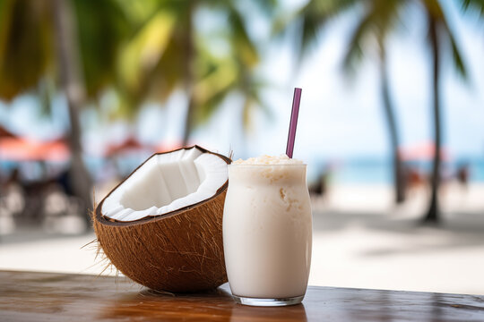 Coconut smoothie juice on the beach. Fruit juice is perfect drink for summer.