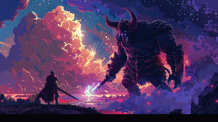 Pixel art Minotaur clashes with a Knight under a cosmic sky
