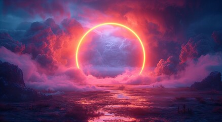 Pink clouds with glowing circle background - obrazy, fototapety, plakaty