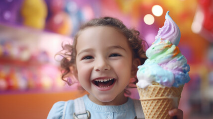 Fototapeta na wymiar Cheerful little girl enjoying vibrant rainbow ice cream cone on sunny day