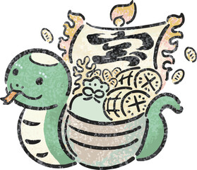 年賀状　年賀2025　宝船　巳年　巳　へび年　墨絵　手書き　かわいい　正月　イラスト素材