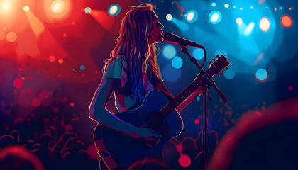 A digital illustration of a female musician performing on stage strumming her guitar and singing pa Generative AI