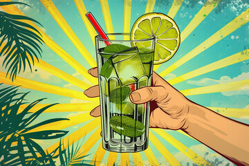 Hand holding a cocktail. Mojito. illustration in pop art style on a green background. Suitable for...
