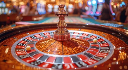 A spinning roulette wheel holds the fate of players, as a single ball teeters on top, tempting chance and testing luck in the lively atmosphere of a bustling casino - obrazy, fototapety, plakaty
