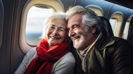 Joyful senior couple travelling by plane, holiday vacation concept