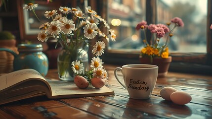 still life with a cup of coffee and flowers