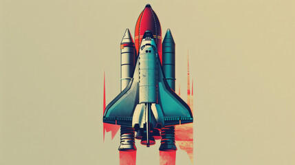 An artistic depiction of a space shuttle launch, featuring a retro design with bold colors and dynamic effects, celebrating the International Day of Human Space Flight.
