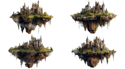 Collection of magical casle in floating island on transparent background