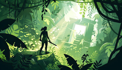 A digital illustration of a female explorer traversing a dense jungle wielding a machete and uncove Generative AI - obrazy, fototapety, plakaty