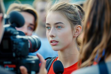 A young female athlete communicates with journalists and gives interviews - obrazy, fototapety, plakaty