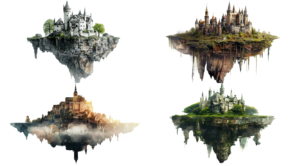 Collection of magical casle in floating island on transparent background