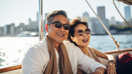 Smiling middle aged asian couple enjoying leisure sailboat ride in summer