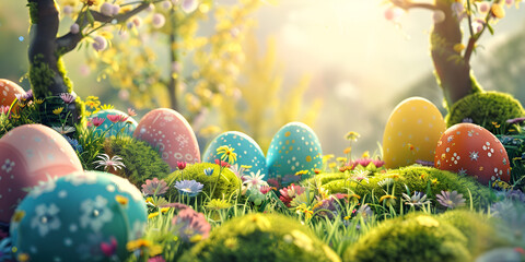 Easter greeting background illustration ai generative,Easter background with decorated Easter eggs on a green meadow in the spring season - obrazy, fototapety, plakaty