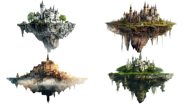 Collection of magical casle in floating island on transparent background