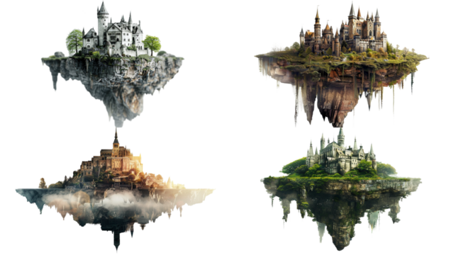 Collection of magical casle in floating island on transparent background