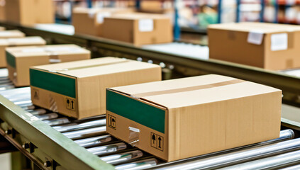 Shipping and Delivery Process in Industrial Factory, Cardboard Boxes on Conveyor Belt, Distribution Warehouse