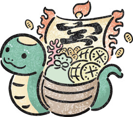 年賀状　年賀2025　宝船　巳年　巳　へび年　墨絵　手書き　かわいい　正月　イラスト素材