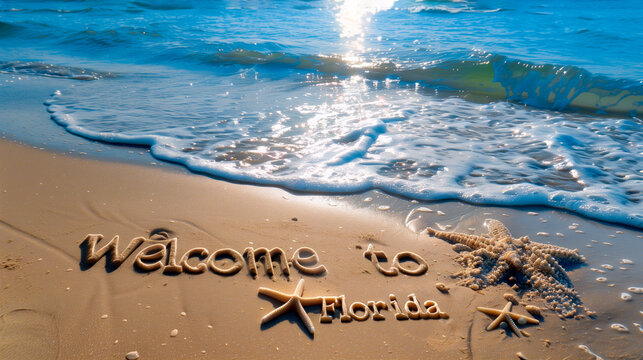 Beach scene where the sand meets the surf with welcome to Florida engraved in the sand with starfish and waves at sunset