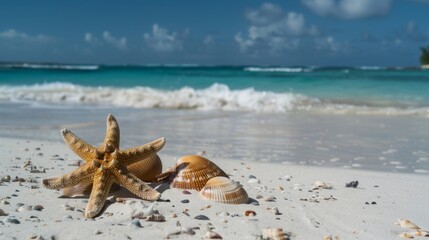 Fototapeta na wymiar Starfish and seashells on white sand with crystal clear turquoise water under a sunny sky.