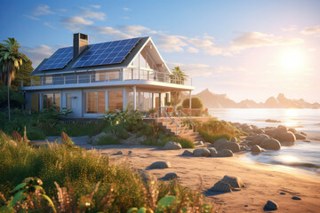 Holiday lodge near the sea with solar panels. Summer house with private beach. Holiday house. Exterior of real estate. Summer vacation destination - 747916152
