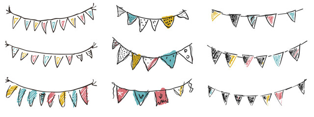 Cute kid scribble line bunting flags. Hand drawn doodle sketch childish element set. children draw style design elements background. Vector illustration. - obrazy, fototapety, plakaty