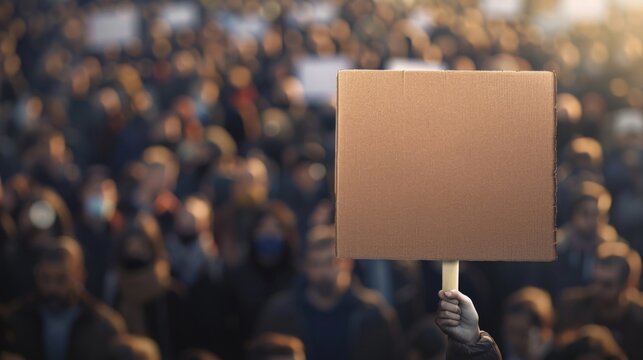 Unidentifiable person holding a blank cardboard sign in a crowd, representing activism and the right to protest.