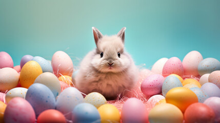 Easter eggs, fluffy pretty bunny, holiday rabbit.