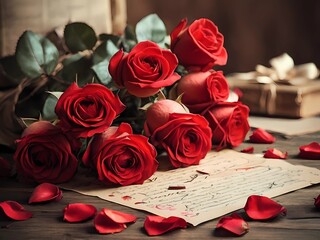 A bouquet of vibrant red roses, surrounded by scattered rose petals and a handwritten love letter