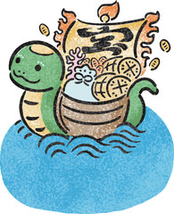 年賀状　年賀2025　宝船　巳年　巳　へび年　墨絵　手書き　かわいい　正月　イラスト素材