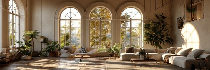 Cozy Living Room Interior with Arched Windows and Beige Wall. Modern Farmhouse Design with Lounge Sofa and Round Rug.